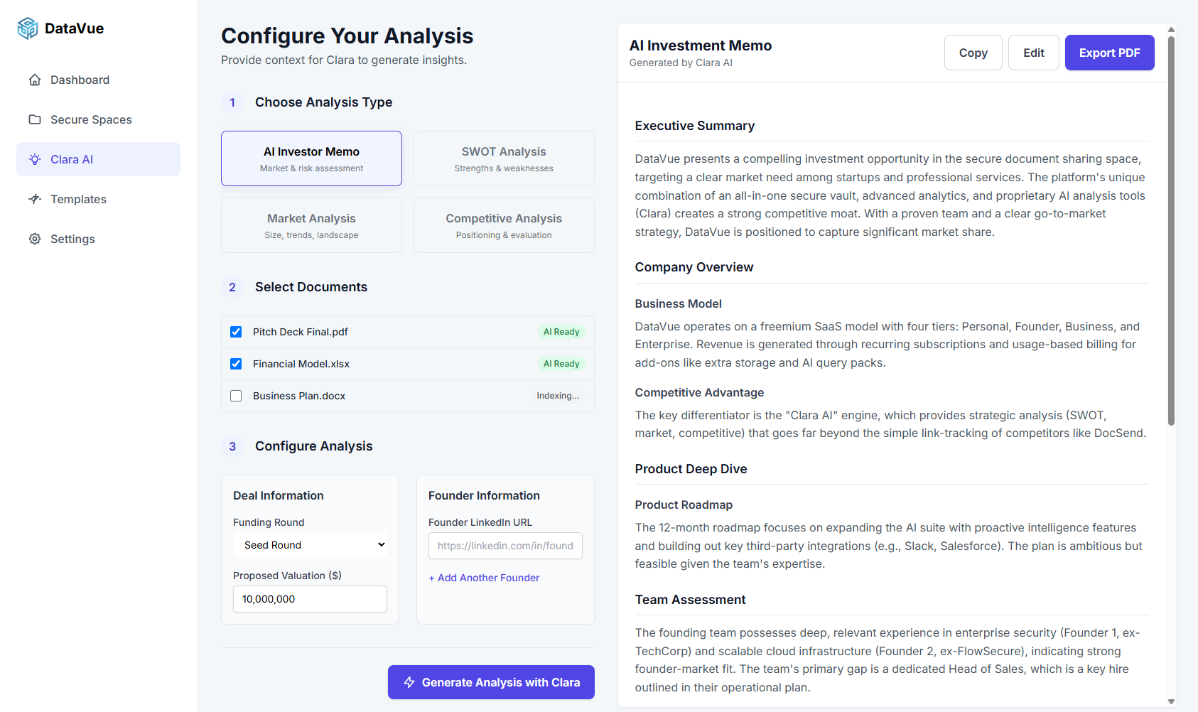 Clara AI Investor Memo Generation - Professional investment memo with strategic insights